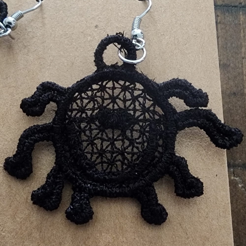 Black Lace Spider Earrings-Halloween Lace Earrings-Hypoallergenic Earrings - Picture 2 of 4